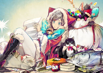 1girl absurdres aqua_eyes bag black_boots black_cat boots cat commentary_request fish gift grey_hair highres holding holding_letter letter nozaki_tsubata original parted_bangs parted_lips revision sack santa_costume shirt short_hair sitting slit_pupils stuffed_animal stuffed_toy thighhighs toy translation_request white_bag white_shirt white_thighhighs