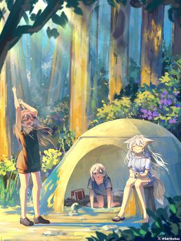 3girls absurdres ahoge animal_ears annytf bag black_sandals black_shirt black_shoes black_shorts blue_eyes blue_hoodie blue_shirt broken_heart broken_heart_hair_ornament brown_hair camping closed_eyes closed_mouth commentary cup day duffel_bag english_commentary evil_neuro-sama fang fox_ears fox_shadow_puppet fox_tail hair_between_eyes hair_ornament heart heart_hair_ornament highres holding holding_cup hood hoodie indie_virtual_youtuber long_hair multiple_girls neuro-sama open_mouth outdoors sandals shirt shoes short_sleeves shorts skin_fang standing tail tanhuluu tent tree vedal_ai virtual_youtuber wide_shot