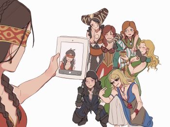 6+girls abi-kamikakushi black_hair blonde_hair brown_gloves brown_hair chalice closed_eyes covered_eyes cup fingerless_gloves gloves group_picture highres holding holding_cup holding_tablet_pc ipad jewelry keira_metz long_hair margarita_laux-antille middle_finger multiple_girls necklace on_one_knee philippa_eilhart purple_eyes sabrina_glevissig selfie sheala_de_tancarville simple_background sunglasses tablet_pc the_witcher_(series) triss_merigold v white_background yennefer_of_vengerberg