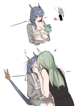 3girls arknights black_tank_top blue_hair breastfeeding breasts ch&#039;en_(arknights) child cleavage closed_eyes closed_mouth commentary_request dragon_horns dragon_tail green_hair grey_shirt hand_on_another&#039;s_face heart highres hill_chuchu horns hoshiguma_(arknights) if_they_mated jewelry kiss long_hair mother_and_daughter multiple_girls open_mouth ring science_babies shirt single_horn smile tail tank_top wedding_ring wife_and_wife yuri