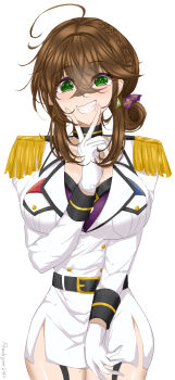 Rule 34 | ahoge, belt, black belt, black choker, blush, bra, braid, breast pocket, breasts, brown hair, chamumi (mochiumee), choker, cleavage, epaulettes, female admiral (kancolle), fingerless gloves, gloves, green eyes, grin, hand up, highres, jacket, kantai collection, large breasts, long sleeves, looking at viewer, military jacket, military uniform, mole, mole on breast, mole under eye, pocket, ponytail, sidelocks, smile, underwear, v, white gloves, white jacket