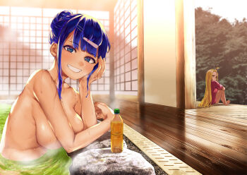 Rule 34 | 2girls, arm support, bare legs, barefoot, blonde hair, blue eyes, blue hair, blush, bottle, breasts, commentary, convenient arm, day, drink, grin, hair bun, hair ornament, hairclip, half updo, hand on own cheek, hand on own face, hand on own head, highres, knees to chest, legs together, long hair, looking at viewer, medium breasts, multiple girls, onsen, original, partially submerged, pink shirt, porch, pout, rock, shirt, short hair, sideboob, sidelocks, single hair bun, smile, solo focus, steam, straight hair, teeth, topknot, topless female, upper body, veranda, water, wet, yumeno tanuki
