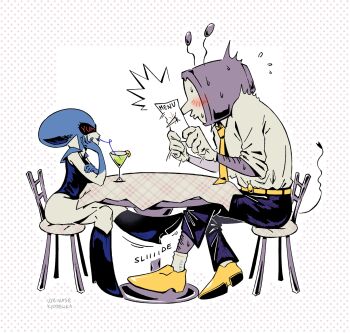 1boy 1girl ant_tenna artist_name black_boots black_lips black_pants blue_gloves blush boots chair clothed_robot cocktail_glass commentary crt cup deltarune drinking_glass elbow_on_table electric_plug electric_plug_tail english_commentary gloves hands_up highres holding holding_menu humanoid_robot long_nose menu necktie object_head on_chair pants pointy_nose queen_(deltarune) radio_antenna robot shirt shirt_tucked_in shoes sitting sweat table tail utdr_(toby_fox) vyevanse white_shirt yellow_necktie yellow_shoes