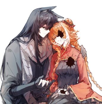 1boy 1girl black_dress black_eyes black_hair braid chinese_commentary closed_eyes closed_mouth commentary_request crack dress family_hierarch_candidate_(identity)_(project_moon) frilled_sleeves frills gold_trim grey_scarf heishou_pack-wu_branch_(identity)_(project_moon) highres ishmael_(project_moon) kinala6490098 limbus_company long_hair low_twin_braids multicolored_hair orange_hair parted_lips project_moon red_shrug ribbed_sweater scarf shrug_(clothing) sidelocks simple_background smile streaked_hair sweater twin_braids very_long_hair white_background white_hair yi_sang_(project_moon)