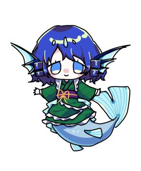 1girl animal_ears blue_eyes blue_hair chibi closed_mouth commentary_request drill_hair drill_sidelocks fins frilled_kimono frills full_body green_kimono head_fins highres japanese_clothes kimono kneeless_mermaid long_sleeves looking_at_viewer medium_hair mermaid monster_girl obi obijime outstretched_arms sash shinkaineko115 sidelocks simple_background smile solo spread_arms touhou wakasagihime water wet white_background wide_sleeves