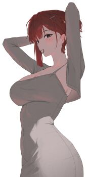 1girl absurdres akane_lize arms_up blunt_sidelocks breasts cleavage commentary covered_navel cowboy_shot cropped_jacket dongtan_dress dress earrings expressionless film_grain from_side glint grey_dress grey_eyes grey_jacket hair_bun hair_tie hair_tie_in_mouth highres jacket jewelry large_breasts long_sleeves looking_at_viewer looking_to_the_side meosic2 mole mole_on_breast mole_under_eye mouth_hold open_clothes open_jacket red_hair sidelocks simple_background sleeveless sleeveless_dress solo standing stellive taut_clothes taut_dress tight_clothes tight_dress tying_hair virtual_youtuber white_background wispy_bangs