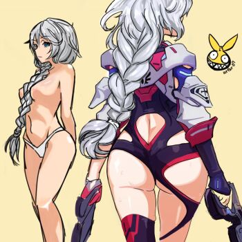 1girl ass blue_eyes breasts commentary_request gun holding holding_gun holding_weapon homu_(honkai_impact) honkai_(series) honkai_impact_3rd kallen_kaslana kallen_kaslana_(ritual_imayoh) large_breasts long_braid long_hair multiple_views nipples panties simple_background topless_female underwear uruzu very_long_hair weapon white_hair white_panties