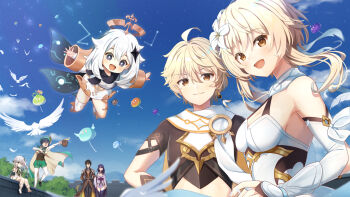 3boys 4girls :d aether_(genshin_impact) ahoge arms_behind_back balloon bare_shoulders beret bird black_cloak black_footwear black_hair black_pants black_shirt blonde_hair blue_sky blush breasts brother_and_sister brown_coat brown_eyes cape cleavage cloak closed_eyes cloud coat commentary_request crop_top cup day detached_sleeves dress earrings floating flower genshin_impact gradient_hair green_cape green_eyes green_hair green_hat green_shorts hair_between_eyes hair_flower hair_ornament halo hands_on_own_chest hat highres holding holding_cup japanese_clothes jewelry kimono koki_(latte1023) long_hair looking_at_viewer lumine_(genshin_impact) medium_breasts midriff multicolored_hair multiple_boys multiple_girls nahida_(genshin_impact) obi on_wall open_mouth outdoors outstretched_arm outstretched_arms paimon_(genshin_impact) pants purple_hair purple_kimono purple_thighhighs raiden_shogun romper sash shirt short_hair_with_long_locks shorts siblings simple_bird single_earring sitting sky sleeveless sleeveless_dress slime_(genshin_impact) smile standing standing_on_one_leg stirrup_legwear stone_wall tankard thighhighs thighs toeless_legwear venti_(genshin_impact) white_dress white_flower white_hair white_romper white_sleeves white_thighhighs yellow_eyes zhongli_(genshin_impact)