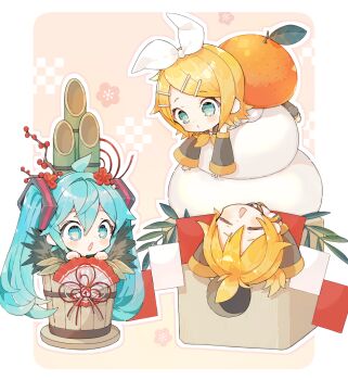 1boy 2girls :o black_sleeves blue_eyes blue_hair blush border brother_and_sister chibi chibi_only closed_eyes closed_mouth commentary detached_sleeves dot_nose double-parted_bangs food fruit full_body hair_between_eyes hair_ornament hair_ribbon hairclip hatsune_miku highres kadomatsu kagami_mochi kagamine_len kagamine_rin long_hair long_sleeves lying mandarin_orange multiple_girls neckerchief new_year niwako on_back open_mouth outline outside_border parallel_hairclips parted_bangs pink_background ribbon short_hair siblings twins twintails vocaloid white_border white_outline white_ribbon yellow_neckerchief