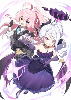 2girls ahoge black_gloves black_halo blue_archive blue_eyes breasts demon_girl demon_horns demon_wings dress earrings elbow_gloves fang gloves halo heterochromia highres hina_(blue_archive) hina_(dress)_(blue_archive) horns hoshino_(armed)_(blue_archive) hoshino_(blue_archive) jewelry long_hair low_wings multiple_girls necklace open_mouth orange_eyes pendant pink_hair pink_halo purple_dress purple_eyes purple_gloves small_breasts standing wagashi928 white_hair wings