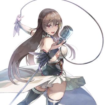 1girl :d ass backless_dress backless_outfit black_bridal_gauntlets black_dress black_feathers black_thighhighs blush breasts bridal_gauntlets brown_hair cable commentary_request cowboy_shot dress fang feather_trim feathers floating_clothes from_behind furen_e_lustario furen_e_lustario_(1st_costume) hair_between_eyes halter_dress halterneck hands_up holding holding_cable holding_microphone_stand large_breasts layered_dress long_hair looking_at_viewer looking_back microphone microphone_stand nijisanji nishii_(damnedrive) open_mouth pleated_dress purple_eyes sideboob simple_background single_bare_shoulder skin_fang smile solo thighhighs turning_head twisted_torso very_long_hair virtual_youtuber white_background white_bridal_gauntlets white_dress