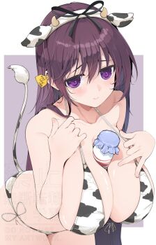 1girl animal_ear_hairband animal_ears animal_print bare_shoulders between_breasts bikini blush bottle breasts cleavage cow_ear_hairband cow_ears cow_print cow_print_bikini cow_tail ear_tag fake_animal_ears fake_tail hairband hand_on_own_chest highres huge_breasts kinako_(mzknk0) leaning_forward long_hair milk_bottle murasaki_(senran_kagura) print_bikini purple_eyes purple_hair senran_kagura solo swimsuit tail