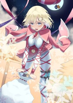 Rule 34 | alternate costume, bent over, blonde hair, blue eyes, bodystocking, breasts, breasts squeezed together, cape, christmas, cleavage, covered erect nipples, dress, feet out of frame, felix (felix09988192), gift, hanging breasts, highres, hololive, hololive english, holster, impossible clothes, impossible dress, large breasts, long sleeves, looking at viewer, medium hair, moon, nail polish, necktie, night, open mouth, pleated skirt, pocket watch, red neckwear, ribbon, sack, skirt, sky, smile, snowflakes, syringe, takodachi (ninomae ina'nis), thigh holster, upturned eyes, virtual youtuber, watch, watson amelia