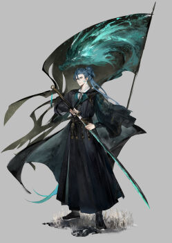 1boy absurdres chinese_clothes commentary drawing_sword english_commentary flag full_body green_hair grey_background hair_between_eyes highres holding holding_sword holding_weapon jiyan_(wuthering_waves) looking_at_viewer male_focus official_art parted_lips ponytail scabbard scales secretfj520 sheath simple_background solo standing sword unsheathing weapon wuthering_waves yellow_eyes
