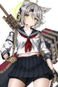 &gt;:( 1girl ahoge animal_ear_fluff animal_ears arm_at_side armband bag bike_shorts black_sailor_collar black_shorts black_skirt blue_archive braid braided_ponytail brown_gloves brown_hair closed_mouth collarbone commentary_request cowboy_shot eyelashes fox_ears fox_girl frown gloves gun halo headphones highres implied_extra_ears long_hair long_sleeves low_ponytail midriff miniskirt navel neckerchief otogi_(blue_archive) partial_commentary pleated_skirt ponytail red_neckerchief sailor_collar school_uniform serafuku shirt shorts shoulder_bag simple_background skirt solo sturm_(arowana_kingyo) swept_bangs tactical_school_uniform thighs v-shaped_eyebrows very_long_hair weapon white_armband white_background white_shirt yellow_eyes yellow_halo