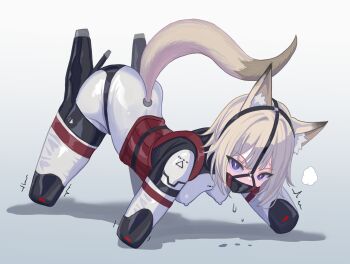 Rule 34 | 1girl, all fours, animal ear fluff, animal ears, bdsm, bitchsuit, blonde hair, breasts, bright pupils, corset, covered erect nipples, gag, gag harness, gradient background, grey background, highres, human dog, looking at viewer, open mouth, original, panel gag, pet play, purple eyes, raftetram, shiny clothes, short hair, simple background, small breasts, solo, tail, tsurime, white pupils
