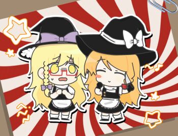 2girls apron black_gloves black_hat black_shoes black_skirt black_vest blonde_hair blush_stickers bow braid chibi chibi_only closed_eyes closed_mouth commentary_request cookie_(touhou) full_body glasses gloves hair_bow hat highres holding holding_knife kirisame_marisa knife long_hair looking_at_another multiple_girls open_mouth paperclip purple_bow red-framed_eyewear red_background shirt shoes side_braid single_blush_sticker single_braid sixsec6ndzlater skirt skirt_set smile socks star_(symbol) suzu_(cookie) touhou uzuki_(cookie) vest waist_apron white_apron white_bow white_shirt white_socks witch_hat yellow_eyes