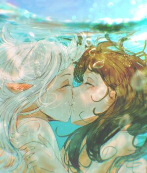 asimov_(spindle_(aidenr0)) blush brown_hair bubble closed_eyes commentary ear_blush english_commentary highres kiss nude original ottilie_(spindle_(aidenr0)) pointy_ears spindle_(aidenr0) underwater white_hair yuri