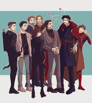 1girl 6+boys animal_print animification arrow_(projectile) avengers:_endgame avengers_(series) back beard belt black-framed_eyewear black_bodysuit black_footwear black_gloves black_hair black_jacket black_pants black_shirt black_widow blue_background blue_bodysuit blue_eyes blue_pants blue_shirt blush bodysuit boots border bow_(weapon) braid brown_belt brown_eyes brown_footwear brown_gloves brown_hair bruce_banner buttons cape captain_america clenched_hand clint_barton cloak closed_eyes closed_mouth collarbone collared_jacket collared_shirt commentary_request doctor_strange facial_hair fingerless_gloves fingernails formal_clothes full_body glasses gloves grey_eyes grey_hair grey_jacket grey_pants grey_vest hair_between_eyes hand_on_another&#039;s_shoulder hand_up happy hawkeye_(marvel) heart highres holding holding_bow_(weapon) holding_weapon jacket long_hair long_sleeves looking_at_another marvel multicolored_bodysuit multicolored_hair multiple_boys natasha_romanoff necktie norioishiiii open_mouth outside_border pants peter_parker red_bodysuit red_cape red_cloak red_hair red_necktie shirt shoes short_hair simple_background smile sparkle spider-man spider_print standing steve_rogers suit superhero_costume sweatdrop t-shirt thor_(marvel) tony_stark two-tone_bodysuit two-tone_hair v-shaped_eyebrows vest weapon weapon_on_back white_border