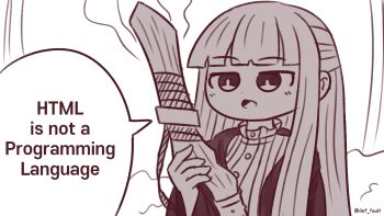 1girl artist_name blunt_bangs coat commentary def_fault dress english_commentary english_text fern_(sousou_no_frieren) holding holding_staff jitome long_hair mage_staff monochrome open_clothes open_coat solo sousou_no_frieren speech_bubble staff twitter_username