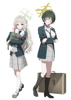 2girls ahoge ankle_boots arms_under_breasts black_boots black_jacket black_necktie blue_archive blush book boots braid breasts briefcase brown_eyes brown_shoes choker commentary_request ear_piercing full_body furrowed_brow fuyu_(blue_archive) green_hair grey_hair grey_skirt halo high_heel_boots high_heels highres holding holding_book hugging_book hugging_object jacket kaerunrun kneehighs long_hair long_sleeves looking_at_viewer mary_janes medium_breasts miyo_(blue_archive) mole mole_under_eye multiple_girls necktie one_eye_closed piercing playing_with_own_hair school_uniform shoes short_hair side_braid simple_background skirt smile socks standing wavy_hair white_background white_socks