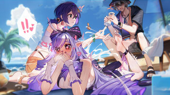 ! !! 1boy 2girls ^^^ absurdres accident applying_sunscreen bare_shoulders beach beach_towel belle_(summer_skies)_(zenless_zone_zero) belle_(zenless_zone_zero) bench black_bow black_jacket black_sandals blue_hair blue_skirt blush bottle bow cloud commentary_request covering_own_mouth drill_hair drill_sidelocks green_eyes grey_hair grey_shorts hair_bow hair_ornament hat heart heart-shaped_pupils highres holding holding_bottle jacket kangg long_hair lotion lotion_bottle lying mole mole_under_eye multicolored_hair multiple_girls nail_polish official_alternate_costume on_stomach one-piece_swimsuit orange_shorts palm_tree pointy_ears purple_hair purple_nails red_eyes sandals see-through_clothes see-through_shirt shirt short_hair short_shorts shorts sidelocks sitting skirt sky streaked_hair sunscreen swimsuit symbol-shaped_pupils tied_shirt towel tree two-tone_hair umbrella very_long_hair vivian_banshee vivian_banshee_(iris_of_the_shore) white_hair white_shirt wise_(peaceful_waves)_(zenless_zone_zero) wise_(zenless_zone_zero) zenless_zone_zero