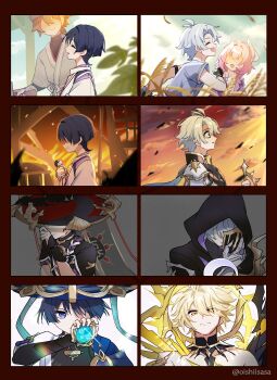 1girl 3boys absurdres anemo_symbol_(genshin_impact) antenna_hair arm_at_side armor bare_shoulders black_bodysuit black_bridal_gauntlets black_cloak black_collar black_eyes black_hair black_hat black_hood black_kimono black_shirt black_sleeves blonde_hair blue_cape blue_gloves blue_hat blunt_bangs blunt_ends bodysuit bridal_gauntlets bright_pupils brown_hair burning burning_building cape cinders cloak closed_eyes closed_mouth clothing_cutout cloud cloudy_sky collar collarbone covered_collarbone cyrene_(aedes_elysiae)_(honkai:_star_rail) cyrene_(honkai:_star_rail) detached_collar dress dusk eyeliner eyeshadow faceless faceless_female faceless_male facing_another fingerless_gloves fire flame_reaver_of_the_deepest_dark frilled_sleeves frills gauntlets gem genshin_impact glint gloves gold gold_trim green_sky grey_veil hair_over_one_eye halo halo_behind_head hammer hand_up hat highres holding holding_gem holding_hammer holding_mask holding_stuffed_toy holding_weapon honkai:_star_rail honkai_(series) hood hood_up hooded_cloak in-franchise_crossover japanese_armor japanese_clothes jewelry jingasa juban kariginu kimono kote kurokote layered_sleeves lens_flare looking_at_viewer makeup mask mechanical_halo multiple_boys neck_ring niwa_(genshin_impact) obscured_eyes official_alternate_hair_color oishii_sasa open_mouth orange_sky pauldrons phainon_(a_dream_scented_in_wheat)_(honkai:_star_rail) phainon_(honkai:_star_rail) phainon_(khaslana)_(honkai:_star_rail) pink_dress pink_hair purple_eyes purple_rope purple_shirt purple_sleeves red_eyeliner red_eyeshadow red_hat red_kimono red_sky rope running scaramouche_(genshin_impact) scaramouche_(kabukimono)_(genshin_impact) shaded_face shimenawa shirt short_sleeves shoulder_armor shoulder_cutout sideways_mouth sky smile string stuffed_animal stuffed_toy symbol-shaped_pupils time_lapse turtleneck turtleneck_bodysuit turtleneck_shirt twitter_username two-tone_hat undershirt veil wanderer_(genshin_impact) weapon wheat_field white_hair white_kimono white_mouth white_pupils white_rope white_sleeves white_trim wide-eyed wrist_wrap yellow_halo