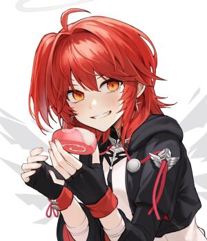 1girl :d absurdres ahoge arknights beruko14 black_gloves black_jacket blush commentary_request cross cross_earrings earrings exusiai_(arknights) exusiai_the_new_covenant_(arknights) fingerless_gloves fingernails food gloves grey_halo grin hair_between_eyes halo highres holding holding_food jacket jewelry latin_cross looking_at_viewer medium_hair open_mouth partial_commentary red_hair simple_background smile solo traditional_halo upper_body white_background yellow_eyes