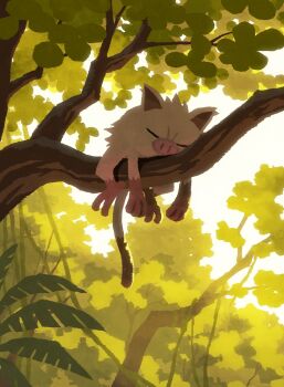 Rule 34 | absurdres, branch, closed eyes, day, gen 1 pokemon, highres, hyogonosuke, in tree, leaf, mankey, nature, nintendo, no humans, outdoors, plant, pokemon, pokemon (creature), sleeping, snout, solo, tail, tree, vines