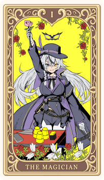 1girl belt blue_eyes bow braid breasts cloak flower gloves goddess_of_victory:_nikke grey_hair hat heterochromia highres large_breasts long_hair mask multicolored_hair phantom_(nikke) pink_flower pink_rose rose shorts solo streaked_hair syope table tarot the_magician_(tarot) top_hat white_gloves yellow_eyes