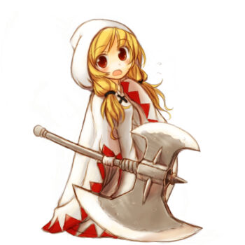 Rule 34 | 1girl, akikan (watashi no sekai), axe, blonde hair, blush, braid, cloak, female focus, final fantasy, final fantasy tactics, gloves, hair over shoulder, hood, long hair, open mouth, red eyes, robe, simple background, smile, solo, twin braids, twintails, waving, weapon, white mage, white mage (fft), white mage (final fantasy)