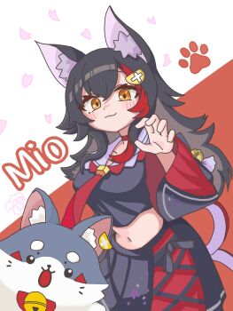 Rule 34 | 1girl, :3, animal ear fluff, animal ears, bell, black hair, black shirt, black skirt, blush, bow, bowtie, character name, cherry blossoms, claw pose, closed mouth, collar, commentary request, crop top, crossed bangs, derorean1212, detached sleeves, double-parted bangs, falling petals, food-themed hair ornament, hair between eyes, hair ornament, highres, hololive, kouhaku nawa, lemon hair ornament, long hair, long sleeves, looking at viewer, midriff, miofa (ookami mio), navel, neck bell, necktie, ookami mio, ookami mio (1st costume), open mouth, orange eyes, paw print, petals, pleated skirt, purple collar, red background, red bow, red bowtie, red hair, red necktie, red skirt, red sleeves, rope, shimenawa, shirt, simple background, single hair streak, skirt, sleeve bell, smile, two-sided sleeves, two-tone background, two-tone skirt, upper body, white background, white trim, wide sleeves, wolf, wolf ears, wolf girl