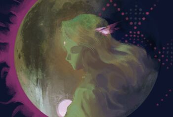 Rule 34 | 1girl, abstract, closed mouth, expressionless, from side, head wings, highres, kaigen 1025, kikuri (touhou), looking at viewer, moon, orb, portrait, sideways glance, solo, touhou, touhou (pc-98), wings