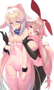 2girls absurdres animal_ears black_gloves black_legwear blush bow bow_choker breasts breasts_out choker collarbone commentary_request covered_navel elbow_gloves embarrassed genshin_impact ghost_nipples gloves gluteal_fold grabbing_from_behind haku89 highleg highleg_leotard highres inverted_nipples large_breasts leotard long_hair multicolored_hair multiple_girls nipples open_mouth pink_hair playboy_bunny purple_eyes rabbit_ears sangonomiya_kokomi simple_background skindentation small_breasts teeth thighhighs thighs white_background yae_miko yuri