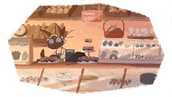 :< analog_clock animal animal_focus animated animated_gif apron arm_support arrow_(symbol) bag baguette bakery basket blue_eyes border bread cake cash_register cat chocolate_cake clock closed_mouth commentary counter courtney_brendle dessert display donut english_commentary english_text fish food gif_artifacts glass green_apron hand_up highres holding holding_food indoors looking_away looking_down looking_to_the_side looping_animation muffin no_humans no_lineart no_nose original outstretched_arm plastic_bag rounded_corners scenery shelf shop siamese_cat sign slit_pupils solo spaghetti_strap sweets tail_raised tiered_tray tray upper_body white_border wide_shot