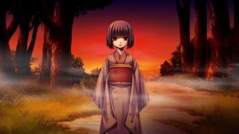 1girl black_hair creepy glowing_eyes grand_guignol_no_yoru japanese_clothes kimono looking_at_viewer outdoors red_eyes smile tinkerbell