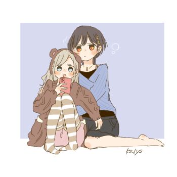 2girls :o animal_ear_hairband animal_ears bear_ear_hairband bear_ears black_hair black_shorts blue_eyes blue_sweater blush border brown_cardigan brown_pantyhose cardigan cellphone ceras_yanagida_lilienfeld ceras_yanagida_lilienfeld_(shiren_koto_no_suzume_loungewear) commentary_request edel_note fake_animal_ears full_body grey_background grey_hair hairband holding holding_phone iphone jellyfish_cut kase_(ks_lys) katsuragi_izumi katsuragi_izumi_(shiren_koto_no_suzume_loungewear) link!_like!_love_live! long_hair long_sleeves love_live! multiple_girls official_alternate_costume orange_eyes outside_border pantyhose pantyhose_under_shorts phone shorts simple_background sitting smartphone squeans striped_clothes striped_pantyhose sweater virtual_youtuber white_border yellow_shorts