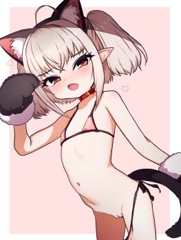 1girl ahoge animal_ears animal_hands bar_censor bikini bikini_pull blush cat_ears cat_tail censored clothes_pull collar fake_animal_ears fake_tail fang flat_chest gloves grey_hair heart highres huucha_(cpaf5377) loli looking_at_viewer makaino_ririmu micro_bikini navel nijisanji open_mouth paw_gloves pink_bikini pointy_ears pussy red_collar red_eyes short_hair side-tie_bikini_bottom solo swimsuit tail virtual_youtuber
