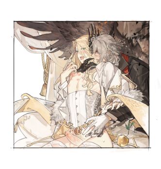 2boys antonio_salieri_(fate) bite_mark blonde_hair blush corset fate/grand_order fate_(series) gloves green_eyes grey_hair hickey jacket lingerie long_hair long_sleeves male_focus mask medium_hair multiple_boys nipples open_mouth partially_undressed penis red_eyes shirt starshadowmagician tongue tongue_out underwear wings wolfgang_amadeus_mozart_(fate) yaoi