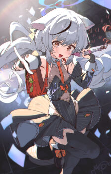 1girl absurdres adapted_costume alternate_costume animal_ears backpack bag bare_shoulders black_dress black_thighhighs blue_archive blue_halo blurry blush breasts brown_eyes clothing_cutout commentary confetti dan_nako dancing depth_of_field detached_sleeves dress flute halo highres holding holding_flute holding_instrument idol idol_clothes instrument kokona_(blue_archive) long_hair multicolored_hair navel_cutout necktie pointing pointing_at_viewer randoseru recorder red_necktie small_breasts smile stage standing standing_on_one_leg streaked_hair striped_clothes striped_dress sweat tareme thighhighs vertical-striped_clothes vertical-striped_dress white_hair zettai_ryouiki