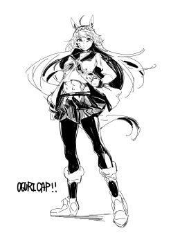 1girl ahoge animal_ears brooch closed_mouth diamond_hairband ear_ornament full_body greyscale hair_between_eyes hair_ornament hairband highres horse_ears horse_girl horse_tail jacket jewelry leggings long_hair long_sleeves looking_at_viewer midriff monochrome navel neckerchief oguri_cap_(starlight_beat)_(umamusume) oguri_cap_(umamusume) ohayonabeno pantyhose sailor_collar shirt shoes simple_background skirt solo star_brooch tail umamusume white_background