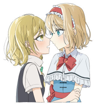 2girls alice_margatroid black_vest blonde_hair blue_dress blue_eyes blush bow bowtie braid capelet commentary dress eye_contact frilled_hairband frills green_bow hair_bow hairband highres imminent_kiss kirisame_marisa lolita_hairband looking_at_another multiple_girls no_headwear open_mouth red_bow red_bowtie red_hairband short_sleeves side_braid simple_background single_braid touhou tsuno_no_hito vest white_background white_capelet yellow_eyes