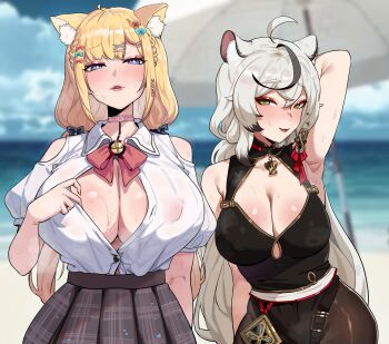 2girls animal_ear_fluff animal_ears arm_up armpits artist_request beach blonde_hair blue_eyes breasts cat_girl character_request china_dress chinese_clothes choker cleavage clothes_pull dress eyeliner hair_ornament hair_ribbon highres large_breasts leopard_girl light_blush lipstick long_hair looking_at_viewer makeup mature_female multiple_girls parted_lips ribbon school_uniform seductive_gaze seductive_smile smile sweat sweatdrop unbuttoned unbuttoned_shirt virtual_youtuber white_hair yellow_eyes