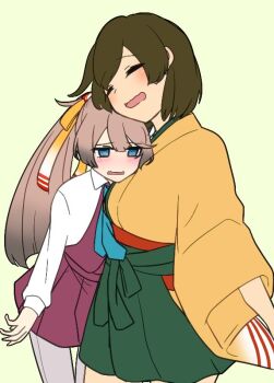 2girls blue_eyes brown_hair closed_eyes collared_shirt cowboy_shot dress dress_shirt gradient_hair green_background green_hakama hakama hakama_short_skirt hakama_skirt halter_dress halterneck head_on_chest hiryuu_(kancolle) iwana japanese_clothes kantai_collection kazagumo_(kancolle) kimono long_hair multicolored_hair multiple_girls orange_kimono ponytail purple_dress shirt short_hair simple_background skirt wavy_mouth white_shirt