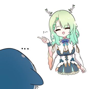 ... 2girls :d ^_^ braid braided_bangs branch breasts ceres_fauna ceres_fauna_(1st_costume) cleavage closed_eyes commentary dress eighth_note english_commentary facing_viewer fong_(fongthe0125) gawr_gura gawr_gura_(1st_costume) green_hair grey_dress hand_up highres hololive hololive_english hood hood_up index_finger_raised large_breasts long_hair long_sleeves multicolored_hair multiple_girls musical_note open_mouth simple_background smile solo_focus streaked_hair thick_eyebrows virtual_youtuber white_background wide_sleeves