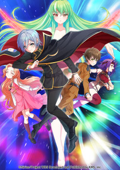 akiru_kamira black_cape blue_hair brown_hair c.c. c.c._(cosplay) cape code_geass collarbone cosplay dress floating_hair green_eyes highres kouzuki_kallen kouzuki_kallen_(cosplay) kururugi_suzaku kururugi_suzaku_(cosplay) lelouch_vi_britannia lelouch_vi_britannia_(cosplay) long_hair looking_at_viewer motosu_towa multiple_boys multiple_girls nekoashi_tsubomi nunnally_vi_britannia nunnally_vi_britannia_(cosplay) official_art pink_dress senju_iroha shiromaru_mito shirt sleeveless themis_(themis_adgjm) very_long_hair world_dai_star yellow_eyes