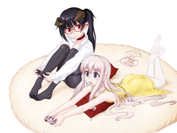 Rule 34 | 2girls, black hair, black pantyhose, blonde hair, blue eyes, controller, feet, game controller, glasses, highres, horns, light blush, lollipop in mouth, long hair, looking at viewer, lying, multiple girls, on stomach, open mouth, original, panties, panties under pantyhose, pantyhose, pantyshot, pointy ears, red eyes, side ponytail, soles, stellarxiela2, toes, underwear, white background, white pantyhose