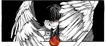 1boy apple bite_mark black_hair black_shirt blood bloody_tears border closed_eyes coat collared_shirt feathered_wings food fruit hand_on_own_face highres jdjoaaa kim_dokja male_focus omniscient_reader&#039;s_viewpoint open_clothes open_coat outside_border parted_lips partially_colored shirt short_hair solo upper_body white_border white_coat white_wings wings wiping_face