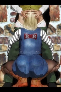 1boy 1girl android_18 ass blonde_hair blurry blurry_background brown_footwear fellatio from_behind hands_on_another's_head hetero implied_fellatio kill_the_king letterboxed long_sleeves oral overalls pants pantyhose photo_background shirt short_hair squatting striped vest white_shirt