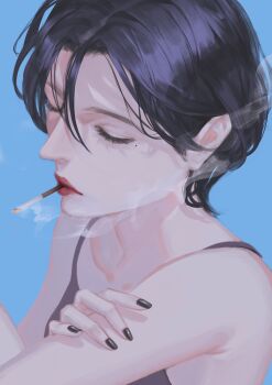 1girl absurdres black_hair black_nails black_tank_top blue_background closed_eyes closed_mouth commentary_request curtained_hair doloyume fingernails hand_on_own_arm highres lipstick makeup mole mole_under_eye mouth_hold nose original red_lips short_hair simple_background smoke smoke_trail smoking solo tank_top upper_body